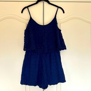 Navy blue lace romper, spaghetti straps, fully lined (and stretchy!).